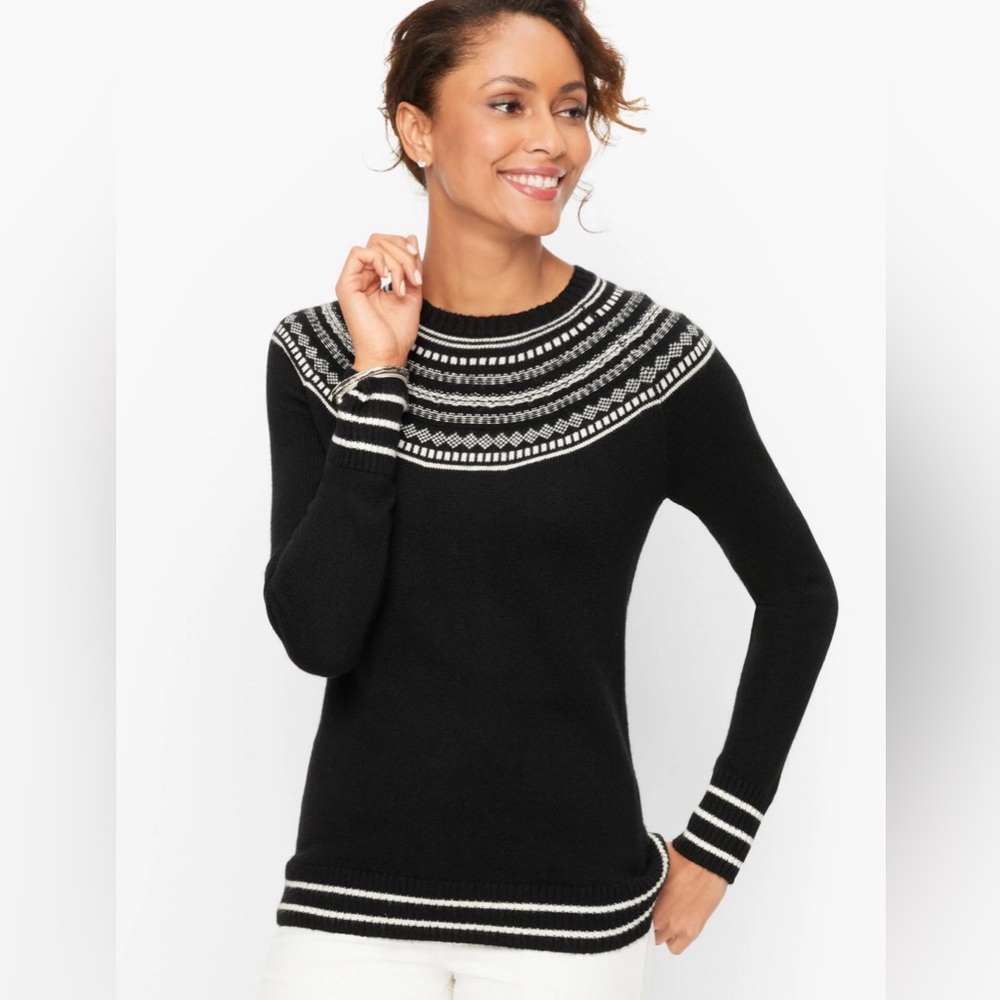 Talbots Fair Isle Crewneck Sweater Women’s S 100% Cotton Crewneck Classic Black